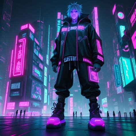 Premium AI Image | A man in a neon suit stands in front of a cityscape.