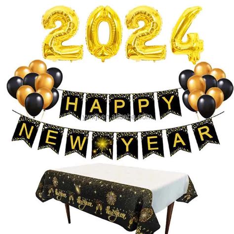 Happy New Year 2024 Party Set Balloons Party Decorations Set Disposable Tablecloth Flag New Year ...