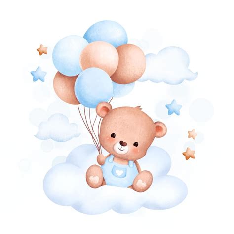 Premium Vector | Watercolor Illustration Cute baby bear and balloons sitting on cloud