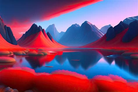 Premium AI Image | A painting of mountains with red paint and the sky is lit up.