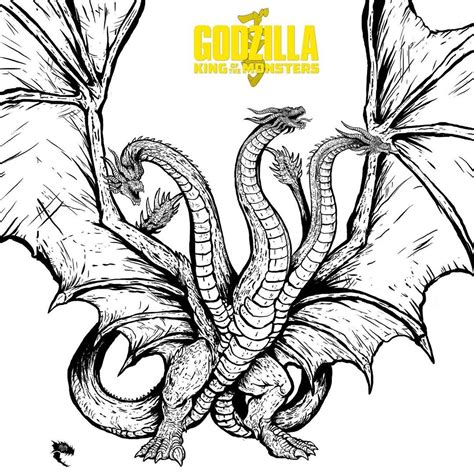 a black and white drawing of a dragon with the words godzilla king of ...