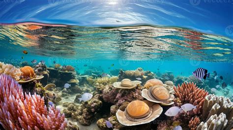 Photo of Quahog Clam between healthy coral reefs in the blue ocean ...