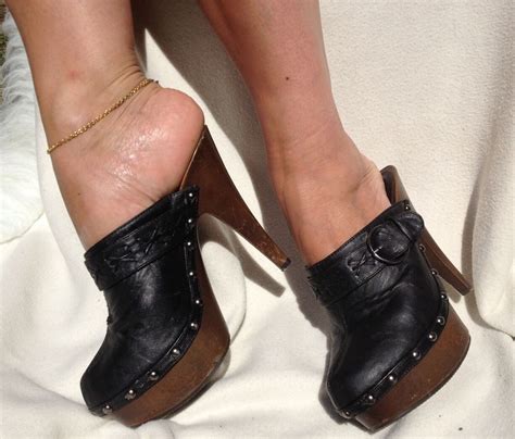 Black Leather Mules Clogs With Wooden Heels And Soles Size 4 | Mule ...