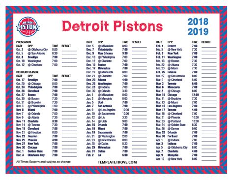 Printable 2018-2019 Detroit Pistons Schedule