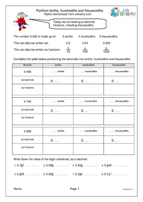 Partition tenths hundredths and thousandths - Fraction and Decimal ...