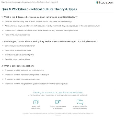 Quiz & Worksheet - Political Culture Theory & Types | Study.com