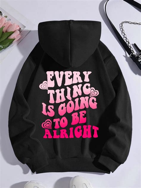 Slogan Graphic Drop Shoulder Drawstring Thermal Hoodie | Sweatshirt ...