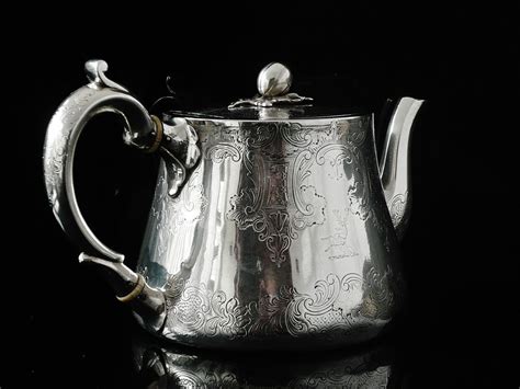 Antique Sterling Silver Teapot, CRESTED, London 1851, Walter Morrisse - Dart Silver Ltd