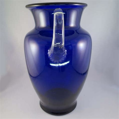 Vintage Cobalt Blue Glass Vase with Clear Applied Handles Large from larryscollectibles on Ruby Lane