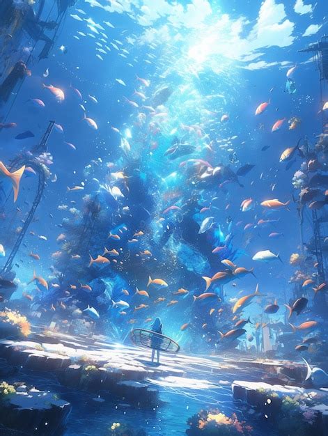 Premium Photo | Anime scene of a man standing in a large aquarium with fish generative ai