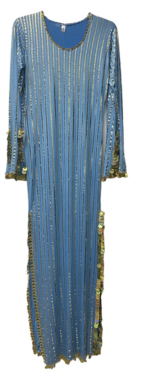 Egyptian Striped Beaded Saidi Dress with Paillettes in Turquoise and Gold