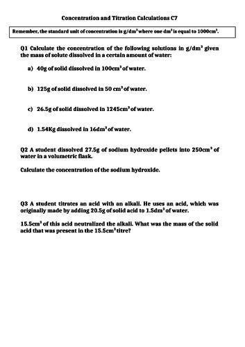 A worksheet of concentration and titration calculations for GCSE students | Teaching Resources