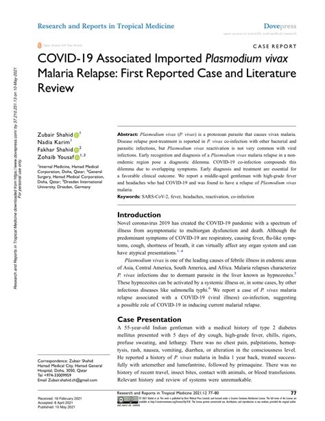 (PDF) COVID-19 Associated Imported Plasmodium vivax Malaria Relapse: First Reported Case and ...