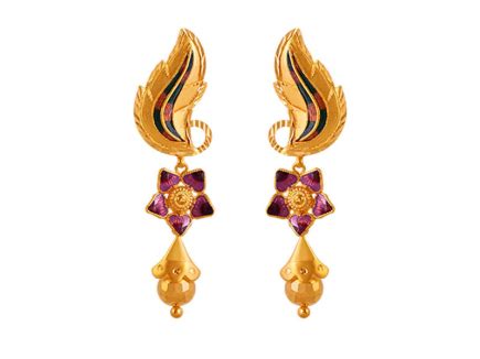 22K Gold Drop Earrings | Unique shaped | Meenakari Work | PC Chandra Jewellers