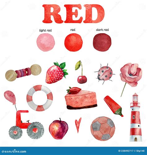 Watercolor Red Color Objects for Learning Kids. Things that are Red ...