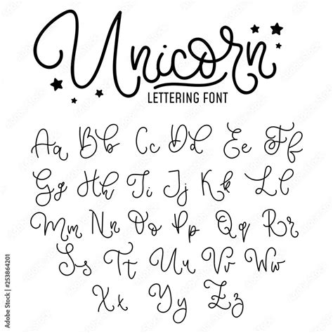 Unicorn hand drawn font design. Cute alphabet with flourish details ...