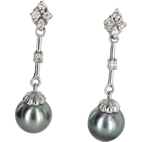 Black Cultured Pearl Diamond Drop Earrings Estate 14 Karat White Gold Vintage Jewelry | Diamond ...