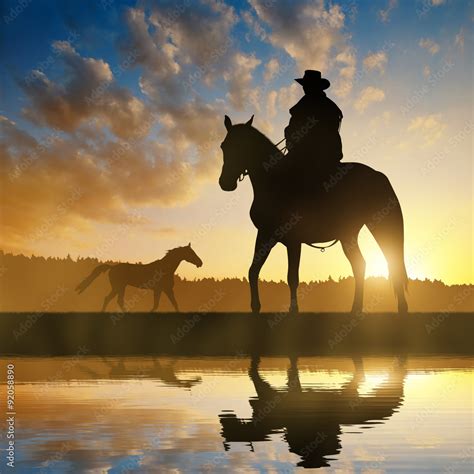 Silhouette cowboy with horse in the sunset Stock Illustration | Adobe Stock