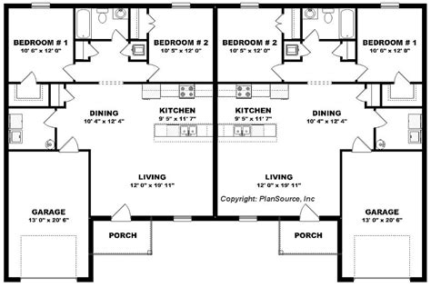 Duplex plan with open layout and garage per unit | PlanSource, Inc ...