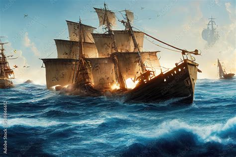 sinking pirate ship after canons ahead, water scene Stock Illustration | Adobe Stock