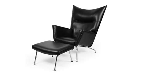 Wegner Wing Chair & Ottoman, Black Premium Leather - Kardiel