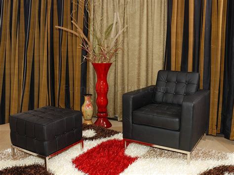 Black Full Leather Button Tufted Modern Chair with Ottoman