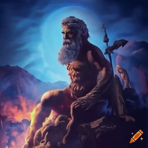 Mythological scene with zeus on mount olympus and prometheus at mount etna on Craiyon