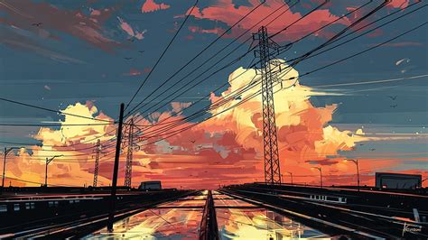 HD wallpaper: anime landscape, sunset, sky, painting, scenic, transportation | Wallpaper Flare