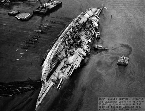 USS Oklahoma (BB-37) during salvage operations at Pearl Harbor, 21 March 1943 [5653 x 4322] : r ...