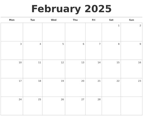 February 2025 Blank Monthly Calendar