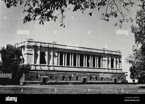 Front view of the National Archives a massive structure of red stone. Of India building ...