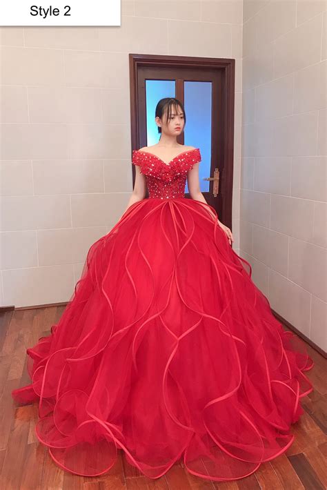 Flounce red princess tulle ball gown wedding/prom dress with tiered ...