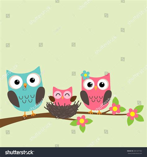 Cartoon Family Owls Sitting On Blooming Stock Vector (Royalty Free ...