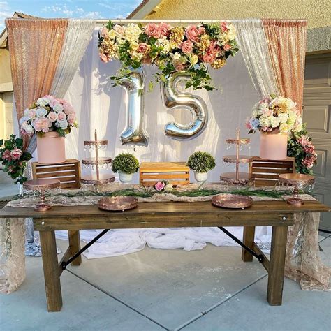 Rose Gold Quinceañera Dessert Table | 15th birthday party ideas, Sweet 16 party decorations ...