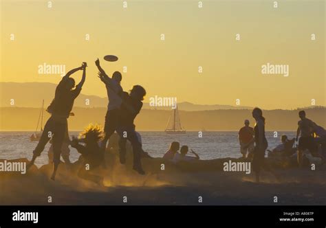 USA, Seattle, Washington, Golden Gardens Park. People playing frisbee on the beach at sunset ...