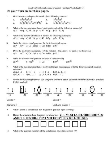 Electron Configuration and Quantum Numbers Worksheet #13