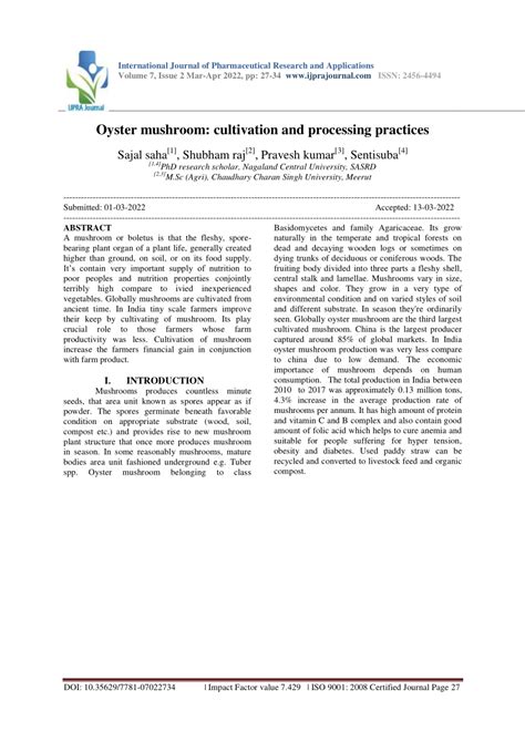 (PDF) Oyster mushroom: cultivation and processing practices