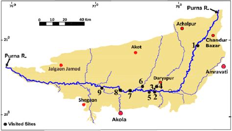 Map of the Purna river channel and its tribuaries showing tephra ...