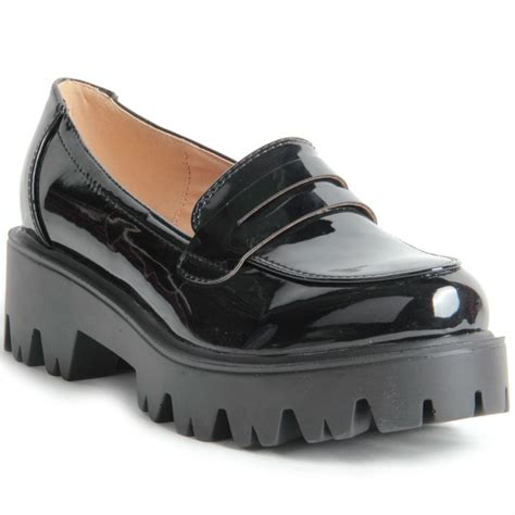 women ladies cleated chunky platform sole flat loafer black patent ...