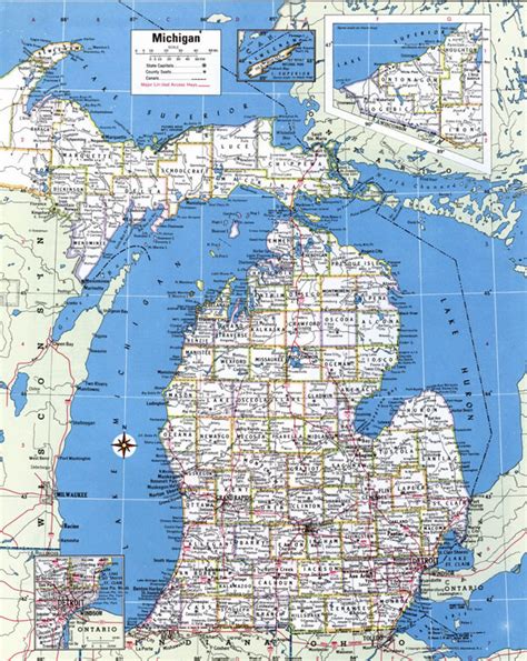 Large detailed administrative map of Michigan state with roads and ...