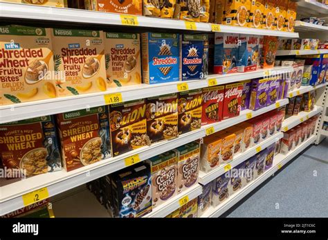 Breakfast cereal display on shelves at a B & M store in Norwich Norfolk ...