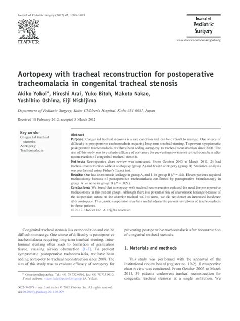 (PDF) Aortopexy with tracheal reconstruction for postoperative tracheomalacia in congenital ...