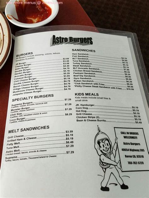 Menu at Astro Burger restaurant, USA