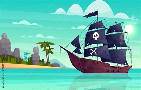 Vector cartoon pirate ship on water, sand beach of the bay. Wooden boat ...