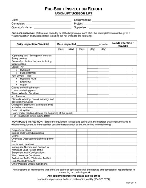 Pre-shift Inspection Report Form - Boomlift/Scissor Lift - Fill Out ...