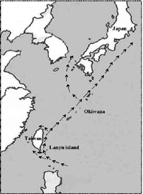 Map showing the Kuroshio current. Ocean currents are indicated by the ...