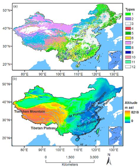 Vegetation types and topography of China. (a) Vegetation types: 1 ...