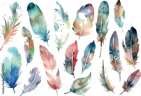 Vector Watercolor feathers illustration set - colorful watercolor ...