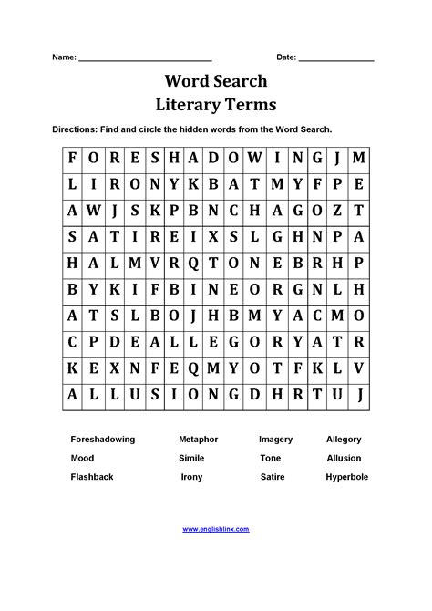 Word Search Worksheets | Literary Terms Word Search Worksheets