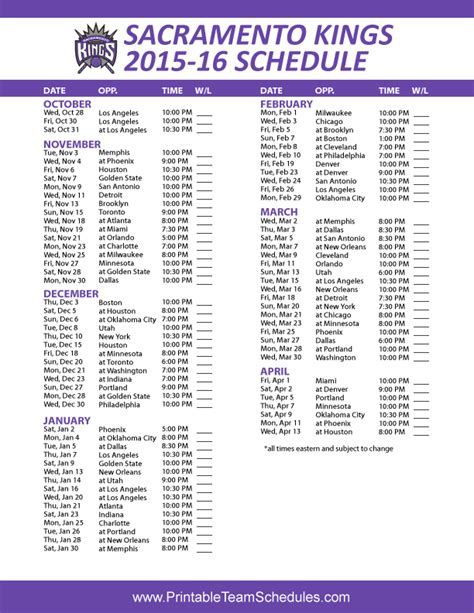 Printable Sacramento Kings Schedule